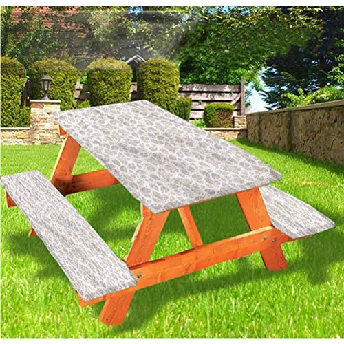 LEWIS FRANKLIN Tenda da doccia avorio e grigio con tavolo da picnic e panchina, tovaglia con bordo elastico, motivo foglie di menta, 60 x 180 cm, set da 3 pezzi per tavolo pieghevole