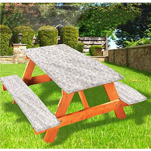 LEWIS FRANKLIN Tenda da doccia avorio e grigio con tavolo da picnic e panchina, tovaglia con bordo elastico, motivo foglie di menta, 60 x 180 cm, set da 3 pezzi per tavolo pieghevole