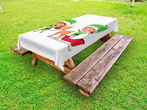 ABAKUHAUS Elfo Tovaglia da Esterno, Elfi e Renna sulla Slitta, Tovaglia da Picnic Lavabile Decorativa, 145 cm x 305 cm, Bianco Multicolor