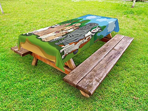 ABAKUHAUS Amante dei Cani Tovaglia da Esterno, Parco Paesaggio e Cani, Tovaglia da Picnic Lavabile Decorativa, 145 cm x 305 cm, Azure Blue Almond Verde