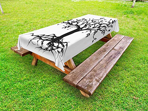 ABAKUHAUS Albero Tovaglia da Esterno, Natura Silhouette Art, Tovaglia da Picnic Lavabile Decorativa, 145 cm x 305 cm, Charcoal Grey And White
