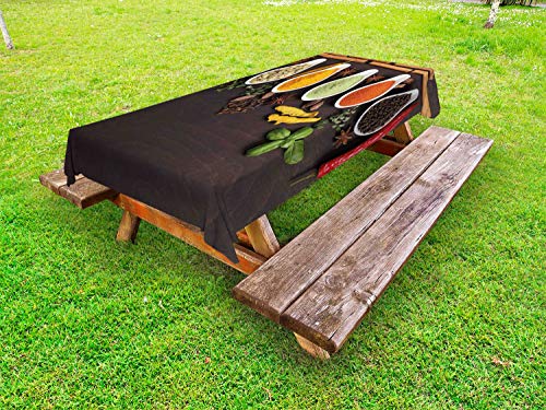 ABAKUHAUS Spezia Tovaglia da Esterno, Folk Alimenti Vista dall'alto dei Sapori, Tovaglia da Picnic Lavabile Decorativa, 145 cm x 305 cm, Multicolore