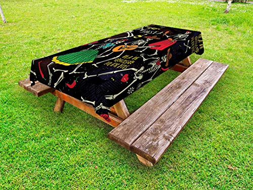 ABAKUHAUS Scheletro Tovaglia da Esterno, Dia de Los Muertos Fiesta, Tovaglia da Picnic Lavabile Decorativa, 145 cm x 210 cm, Multicolore