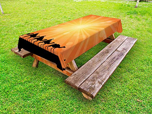 ABAKUHAUS Oasi Tovaglia da Esterno, Effetto Sunburst e cammelli, Tovaglia da Picnic Lavabile Decorativa, 145 cm x 265 cm, Charcoal Grey Arancione