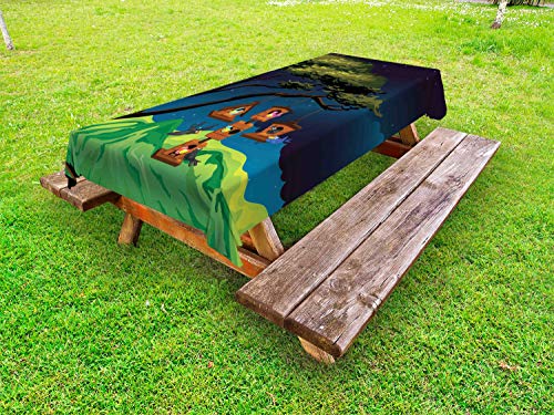 ABAKUHAUS Birdhouse Tovaglia da Esterno, Fly Animali Nest Fumetto, Tovaglia da Picnic Lavabile Decorativa, 145 cm x 210 cm, Night Blue Multicolor