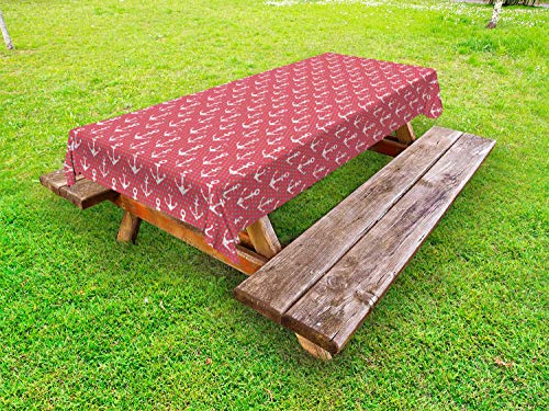 ABAKUHAUS Nautico Tovaglia da Esterno, Grunge Ancore Polka Dots, Tovaglia da Picnic Lavabile Decorativa, 145 cm x 305 cm, Coral Scuro Seafoam