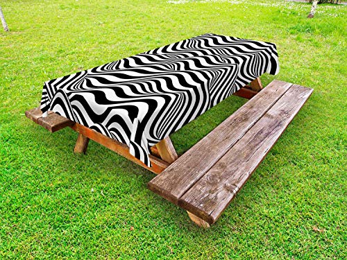 ABAKUHAUS Estratto Surreale Tovaglia da Esterno, Monocromatico Waves, Tovaglia da Picnic Lavabile Decorativa, 145 cm x 305 cm, Charcoal Grey And White