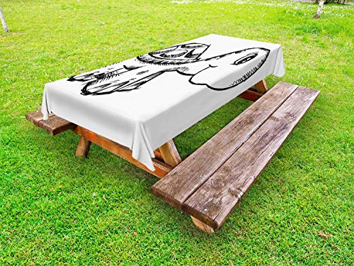 ABAKUHAUS Sketch Art Tovaglia da Esterno, Nursery Sorridente Tortoise, Tovaglia da Picnic Lavabile Decorativa, 145 cm x 305 cm, Charcoal Grey And White