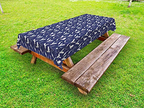 ABAKUHAUS Uccello Tovaglia da Esterno, Cartoon Aquatic Bianco Aironi, Tovaglia da Picnic Lavabile Decorativa, 145 cm x 210 cm, Scuro Lavanda Polvere Bianca