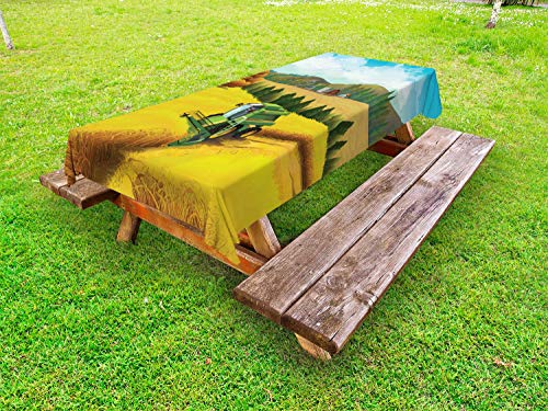 ABAKUHAUS Raccogliere Tovaglia da Esterno, Combine Harvester nel Campo, Tovaglia da Picnic Lavabile Decorativa, 145 cm x 265 cm, Mare Blu e Multicolore