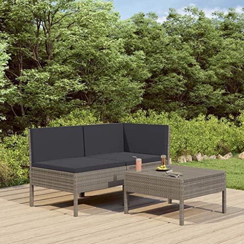 SKM Set Divani da Giardino 3 pz con Cuscini in Polyrattan Grigio (19.5kg)