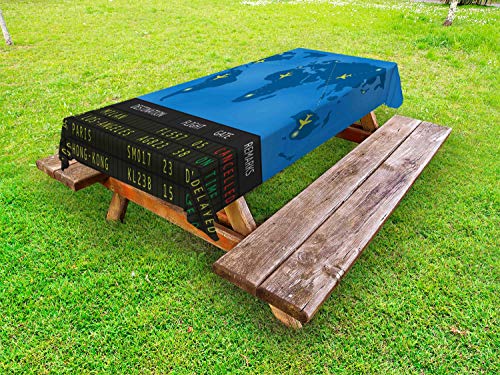 ABAKUHAUS Aeroporto Tovaglia da Esterno, Partenze Mappa del Mondo, Tovaglia da Picnic Lavabile Decorativa, 145 cm x 305 cm, Azzurro Blu Multicolor