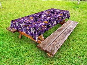 ABAKUHAUS Halloween Tovaglia da Esterno, Personaggi Horror Caramelle, Tovaglia da Picnic Lavabile Decorativa, 145 cm x 265 cm, Blue Violet e Orange