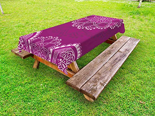 ABAKUHAUS Etnico Tovaglia da Esterno, fiorente Design, Tovaglia da Picnic Lavabile Decorativa, 145 cm x 305 cm, Scuro Magenta Melanzana