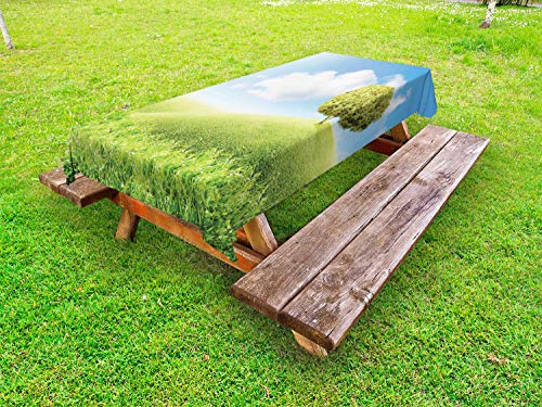 ABAKUHAUS Albero Tovaglia da Esterno, Cielo Sereno su Un Campo di Erba, Tovaglia da Picnic Lavabile Decorativa, 145 cm x 265 cm, Blue Sky Verde Avocado