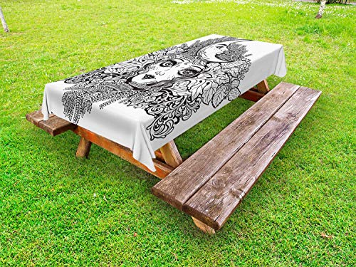 ABAKUHAUS Luna magia Tovaglia da Esterno, Ragazze Crescent Sketch Art, Tovaglia da Picnic Lavabile Decorativa, 145 cm x 265 cm, Charcoal Grey And White