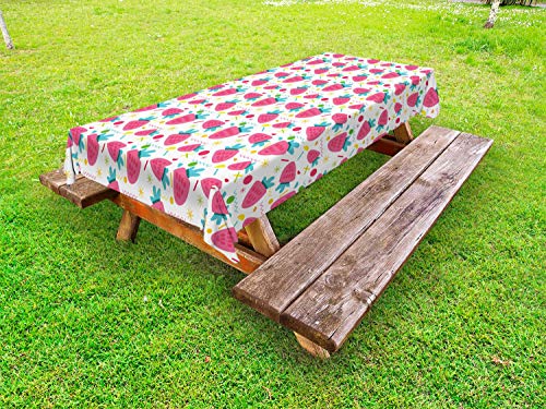 ABAKUHAUS Fragola Tovaglia da Esterno, Doodle Frutta Zigzag, Tovaglia da Picnic Lavabile Decorativa, 145 cm x 305 cm, Rosa Bianco Seafoam