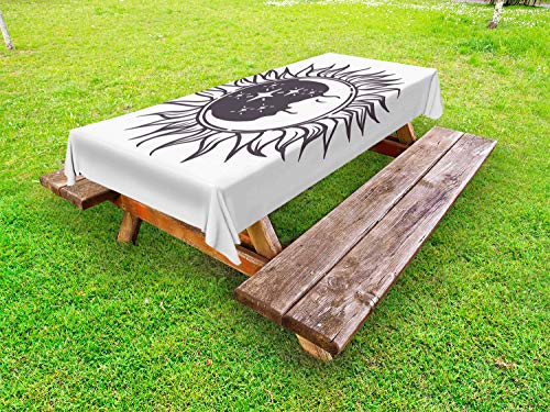 ABAKUHAUS Luna Raggi Tovaglia da Esterno, Crescent del Fumetto in Sun, Tovaglia da Picnic Lavabile Decorativa, 145 cm x 210 cm, Malva Scuro e Bianco