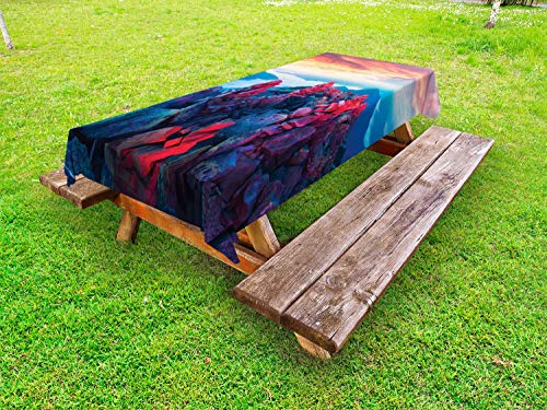ABAKUHAUS Paesaggio Tovaglia da Esterno, Alba Montagne nebbiose, Tovaglia da Picnic Lavabile Decorativa, 145 cm x 305 cm, Dark Pink Peach