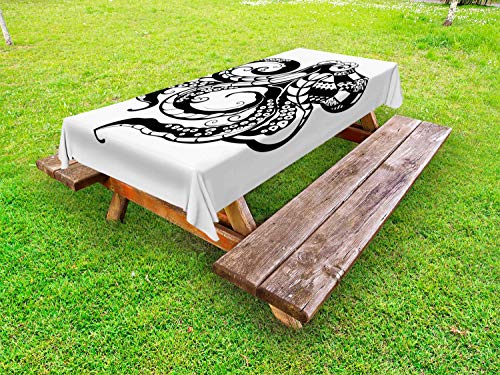 ABAKUHAUS Polpo Tovaglia da Esterno, Immagine Mare Animale Ornamentali, Tovaglia da Picnic Lavabile Decorativa, 145 cm x 265 cm, Bianco e Charcoal Grey
