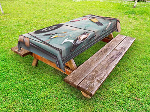 ABAKUHAUS Pesca Tema Tovaglia da Esterno, Aste e Boe Telaio, Tovaglia da Picnic Lavabile Decorativa, 145 cm x 265 cm, Multicolore