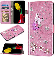 Robinsoni Custodia Compatibile con Huawei Y7 2018 Cover Sparkle Bling Diamante e Farfalla Pelle PU Portafoglio Libretto Magnetica Cover Brillante Fiore Libro Folio Flip Cover Silicone Cover Rosa