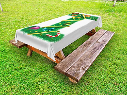ABAKUHAUS Christmas Alphabet Tovaglia da Esterno, Vacanze Lettera H, Tovaglia da Picnic Lavabile Decorativa, 145 cm x 265 cm, Bianco e Verde