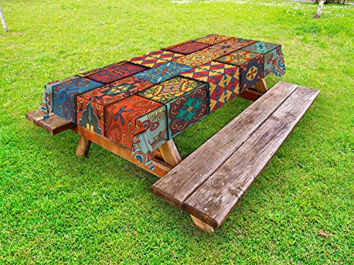 ABAKUHAUS Talavera Tovaglia da Esterno, Azulejo Squares Tile Art, Tovaglia da Picnic Lavabile Decorativa, 145 cm x 265 cm, Multicolore