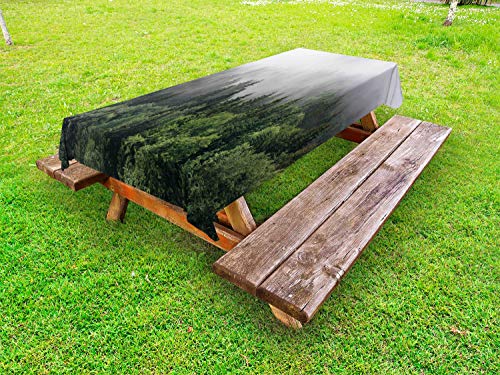 ABAKUHAUS Sempreverde Tovaglia da Esterno, Foggy Foresta della Fauna Selvatica, Tovaglia da Picnic Lavabile Decorativa, 145 cm x 305 cm, Dimgray e Green