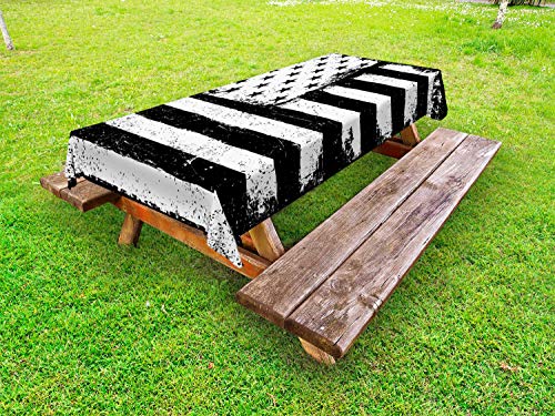 ABAKUHAUS Americana Tovaglia da Esterno, Sketchy Bandiera Illustrazione, Tovaglia da Picnic Lavabile Decorativa, 145 cm x 305 cm, Charcoal Grey And White