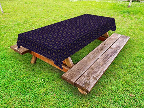 ABAKUHAUS Orientale Tovaglia da Esterno, Arching Dots Motivi Floreali, Tovaglia da Picnic Lavabile Decorativa, 145 cm x 305 cm, Dark Indigo Cachi Scuro