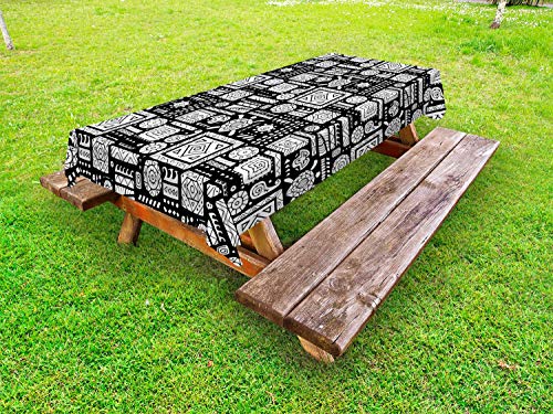 ABAKUHAUS Tartaruga Tovaglia da Esterno, Etnici Monotone Motifs Lines, Tovaglia da Picnic Lavabile Decorativa, 145 cm x 305 cm, Charcoal Grey And White