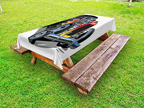 ABAKUHAUS Macchina da Corsa Tovaglia da Esterno, Dettagliata Retro Cool Car, Tovaglia da Picnic Lavabile Decorativa, 145 cm x 265 cm, Multicolore