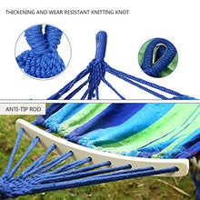 EASY EAGLE Amaca da Giardino con 60CM Aste di Legno, 220x120CM Amache Cotone con Cuscino Gonfiabile per Campeggio Viaggio, Carico 300KG, Strisce Verde-blu