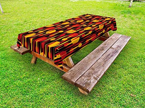 ABAKUHAUS Astratto Tovaglia da Esterno, Cerchi Funky Anni '70 Motivi, Tovaglia da Picnic Lavabile Decorativa, 145 cm x 210 cm, Vermilion Terra Gialla