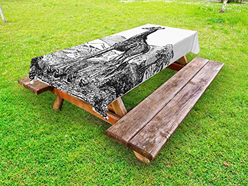 ABAKUHAUS Giraffa Tovaglia da Esterno, Incisione di Storia Naturale, Tovaglia da Picnic Lavabile Decorativa, 145 cm x 305 cm, Bianco e Charcoal Grey