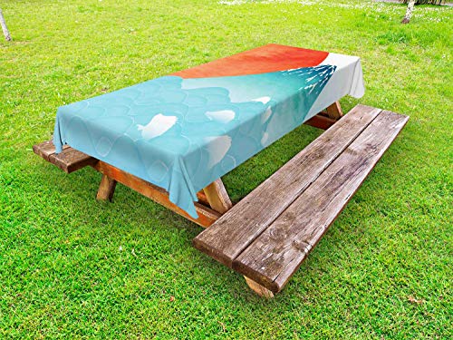 ABAKUHAUS Onda Tovaglia da Esterno, Giapponese dell'Estremo Oriente Natura, Tovaglia da Picnic Lavabile Decorativa, 145 cm x 265 cm, Vermilion Seafoam