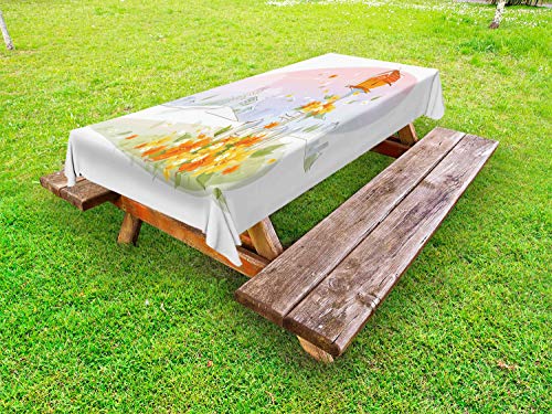 ABAKUHAUS Birdhouse Tovaglia da Esterno, Floral Nido degli Uccelli, Tovaglia da Picnic Lavabile Decorativa, 145 cm x 265 cm, Arancione Bruciato Multicolor