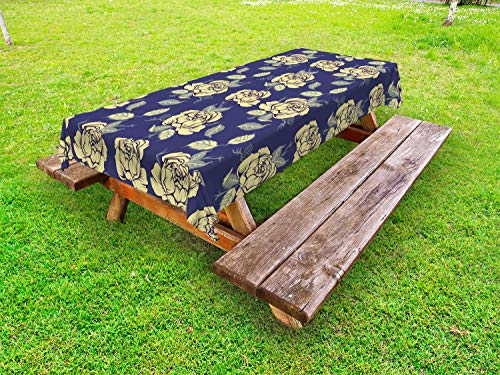 ABAKUHAUS Floreale Tovaglia da Esterno, Grunge Stile Fiori Grafico, Tovaglia da Picnic Lavabile Decorativa, 145 cm x 265 cm, Cielo Azzurro Scuro Multicolor