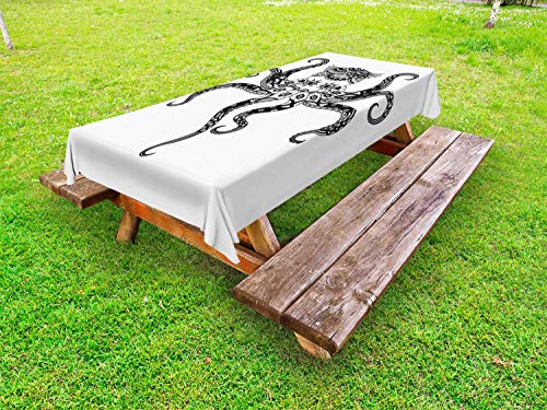 ABAKUHAUS Polpo Tovaglia da Esterno, Animal Mare in Stile Boho, Tovaglia da Picnic Lavabile Decorativa, 145 cm x 305 cm, Bianco e Charcoal Grey