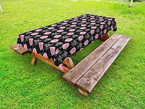 ABAKUHAUS Moderno Tovaglia da Esterno, Forme astratte e Fiori, Tovaglia da Picnic Lavabile Decorativa, 145 cm x 305 cm, Charcoal Grey Rosa Bianco