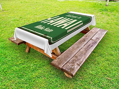 ABAKUHAUS Aloha Tovaglia da Esterno, Benvenuti alle Hawaii Vintage, Tovaglia da Picnic Lavabile Decorativa, 145 cm x 305 cm, Olive Green e Beige