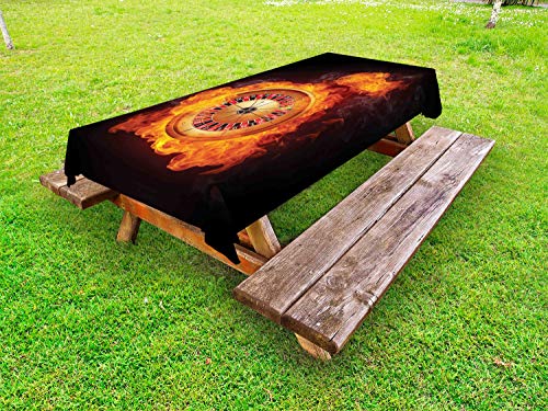 ABAKUHAUS Casinò Tovaglia da Esterno, Gioco D'Azzardo Ruota della Roulette Fuoco, Tovaglia da Picnic Lavabile Decorativa, 145 cm x 305 cm, Charcoal Grey e Orange