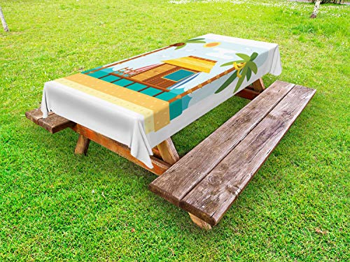 ABAKUHAUS Fiji Tovaglia da Esterno, Bungalow su Una Spiaggia Tavole da Surf, Tovaglia da Picnic Lavabile Decorativa, 145 cm x 265 cm, Baby Blue Multicolor