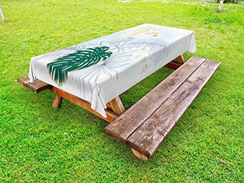 ABAKUHAUS Tropicale Tovaglia da Esterno, Piante Esotiche e Un Pappagallo, Tovaglia da Picnic Lavabile Decorativa, 145 cm x 265 cm, Forest Green Multicolor