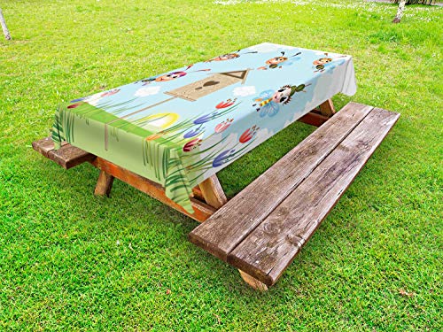 ABAKUHAUS Ape Tovaglia da Esterno, Allegro Prato Paesaggio, Tovaglia da Picnic Lavabile Decorativa, 145 cm x 305 cm, Pale Blue e Multicolore