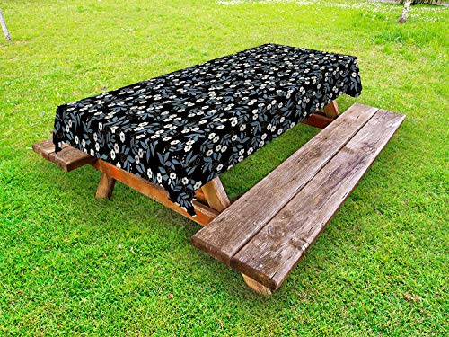 ABAKUHAUS Vintage ▾ Tovaglia da Esterno, Filiali Curly Foglia Flora, Tovaglia da Picnic Lavabile Decorativa, 145 cm x 210 cm, Blu Grigio Charcoal Grey