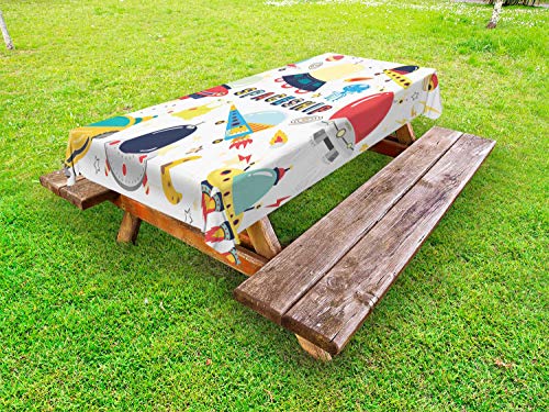 ABAKUHAUS Partito Scienza Tovaglia da Esterno, Astronavi e Alieni, Tovaglia da Picnic Lavabile Decorativa, 145 cm x 210 cm, Bianco Multicolor