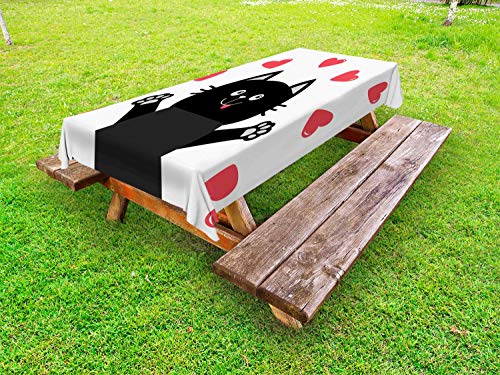 ABAKUHAUS Amante dei Gatti Tovaglia da Esterno, Romantici Cuori Kitten, Tovaglia da Picnic Lavabile Decorativa, 145 cm x 265 cm, Charcoal Grey e Dark Coral