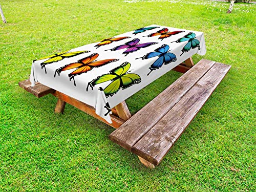 ABAKUHAUS Colorato Tovaglia da Esterno, varietà di Farfalle, Tovaglia da Picnic Lavabile Decorativa, 145 cm x 305 cm, Bianco e Multicolore